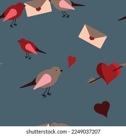 Vector seamless pattern with birds, hearts and love letters on blue. Suitable for apps, web pages, social media, cards, templates, Valentine's day cards, invitations, textile or paper prints etc
