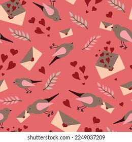 Vector seamless pattern with birds, hearts and love letters on pink. Suitable for apps, web pages, social media, cards, templates, Valentine's day cards, invitations, textile or paper prints.