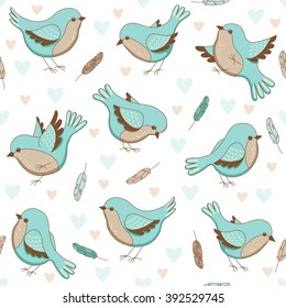 Vector seamless pattern with birds, hearts and feathers. Childish illustration  in cartoon style. Perfect for invitations, wallpapers, manufacture wrapping paper, textile, web design.