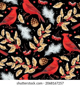 Vector seamless pattern with birds and holly