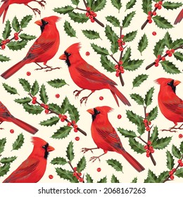 Vector seamless pattern with birds and holly