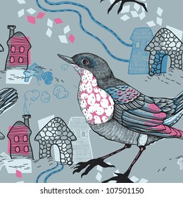 vector seamless pattern with birds and houses