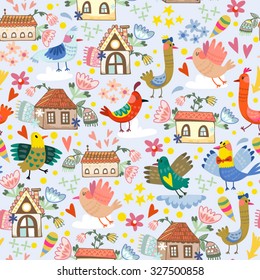 Vector seamless pattern of birds, houses and flowers. Endless background. Use for wallpaper,pattern fills, web page background.
