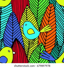 Vector seamless pattern with birds and leaves 1.