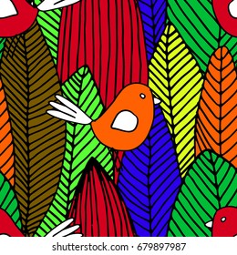 Vector seamless pattern with birds and leaves 2.