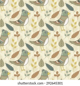 Vector seamless pattern with birds and leaves.Hand drawn illustration. Light background