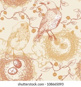 vector seamless pattern with birds, nests and berries