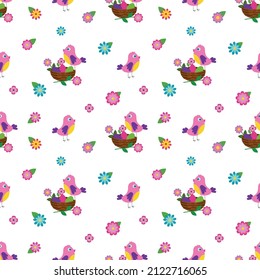 Vector seamless pattern of birds, nests with eggs and flowers on a transparent background.