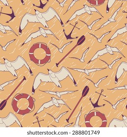 Vector seamless pattern with birds and objects