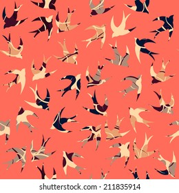 Vector seamless pattern of birds on coral background