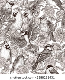 Vector seamless pattern with birds on a bush of roses and peonies. Waxwing, robin, bullfinch, red cardinal, sparrow, nightingale and blue jay in engraving style