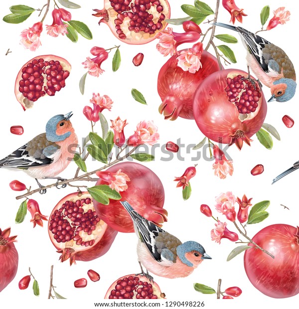 Vector seamless pattern with birds on a pomegranate branch with fruits and flowers on white. Romantic background for wallpaper mural, healthy food, halal cosmetics.