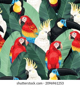 Vector seamless pattern with birds and palm leaves