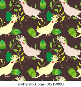 vector seamless pattern with birds parrot corella and leafs background. little cockatiel. fashion print.