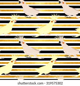 vector seamless pattern with birds parrot corella, golden and black stripes. little cockatiel. fashion print.