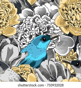 Vector seamless pattern with birds, peonies and tulip 2