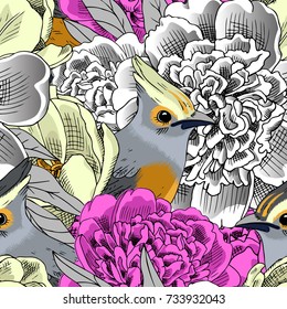 Vector seamless pattern with birds, peonies and tulip 1