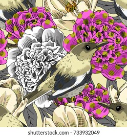 Vector seamless pattern with birds, peonies and tulip 4