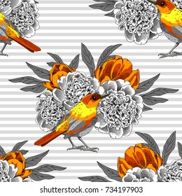Vector seamless pattern with birds, peonies and tulip 2