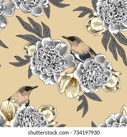 Vector seamless pattern with birds, peonies and tulip 4