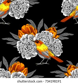 Vector seamless pattern with birds, peonies and tulip 7