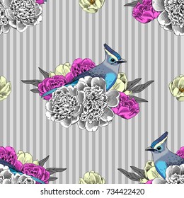 Vector seamless pattern with birds and  peonies 3