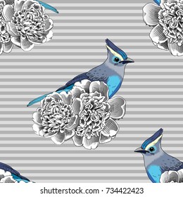 Vector seamless pattern with birds and  peonies 4
