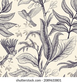 Vector Seamless Pattern With Birds And Plants. Light Tropical Wallpaper. Monochrome Nature Backgroung. Provence Vintage Decoupage. Floral Italian Wallpaper. Old Style Design Pattern. Vector Clipart