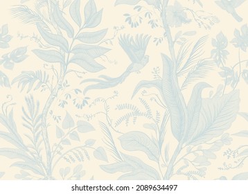 Vector seamless pattern with birds and plants. Light tropical wallpaper. Monochrome nature backgroung. Provence vintage decoupage. Floral italian wallpaper. Old style design pattern. Vector clipart