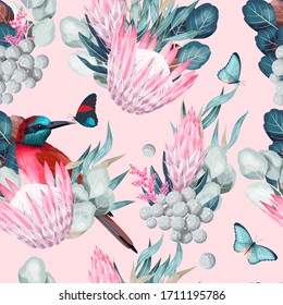 Vector seamless pattern with birds and protea