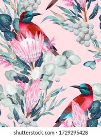 Vector seamless pattern with birds and protea