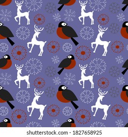 Vector seamless pattern with birds, snowflakes and deer on blue background in vintage style for fabrics, paper, textile, gift wrap