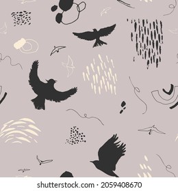 Vector seamless pattern with birds and stains. Abstract hand-drawn background.