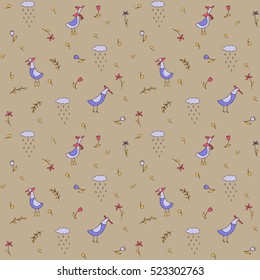 Vector seamless pattern - birds wearing boots, hats, ties and rain, raining clouds, flowers, leaves, branches, spring season, autumn season
