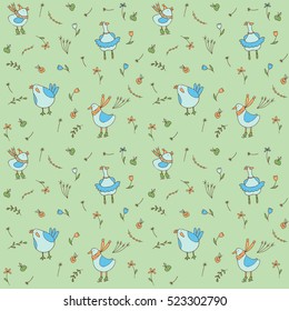 Vector seamless pattern - birds wearing skates, scarves, hats, ballet tutu, flowers and apples