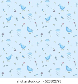 Vector seamless pattern - birds wearing boots and rain, raining clouds, flowers, leaves, branches, spring season, autumn season
