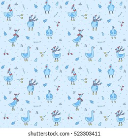 Vector seamless pattern - birds wearing boots, hats, scarves and mittens, snow, firs,  rowan bunches, winter season