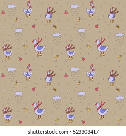 Vector seamless pattern - birds wearing boots, hats, scarves and snow, snowing clouds, snowflakes, snowballs and apples