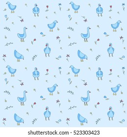 Vector seamless pattern - birds wearing boots and flowers, leaves, branches, spring season, autumn season
