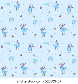 Vector seamless pattern - birds wearing boots, hats, scarves and snow, snowing clouds, snowflakes, snowballs and apples
