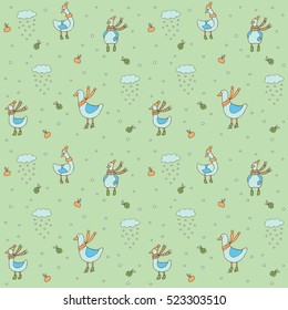 Vector seamless pattern - birds wearing boots, hats, scarves and snow, snowing clouds, snowflakes, snowballs and apples