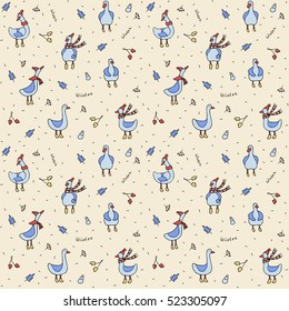 Vector seamless pattern - birds wearing boots, hats, scarves and mittens, snow, firs,  rowan bunches, winter season
