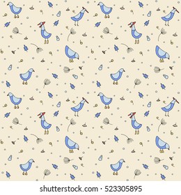 Vector seamless pattern - birds wearing boots and hats, winter season