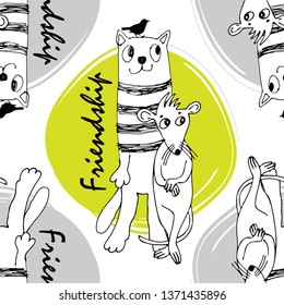 Vector seamless pattern with birds, white cats and mice. Hand drawn illustration of kitten and rat. White, yellow and black. 4