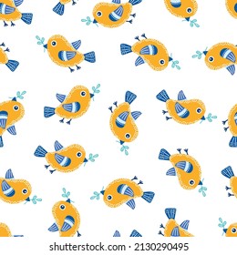 Vector seamless pattern with birds. Yellow bird with plant. Hand drawn background.