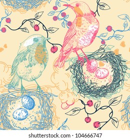 vector seamless pattern with birds,nests and pink berries