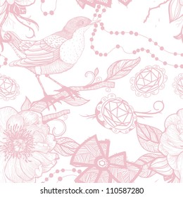 vector seamless pattern with birds,roses and jewelry