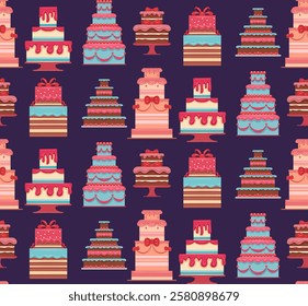 Vector seamless pattern with birthday cakes on violet background. Festive texture with Wedding cakes. Background with sweet treats for wallpapers and fabrics