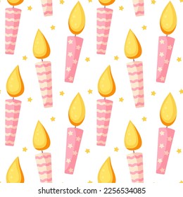 Vector seamless pattern of birthday candles with little stars on a white background.Bright pink candles