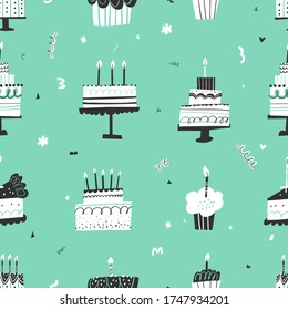 Vector seamless pattern with Birthday cream cakes. Colorful decorative doodle party elements. Green background.